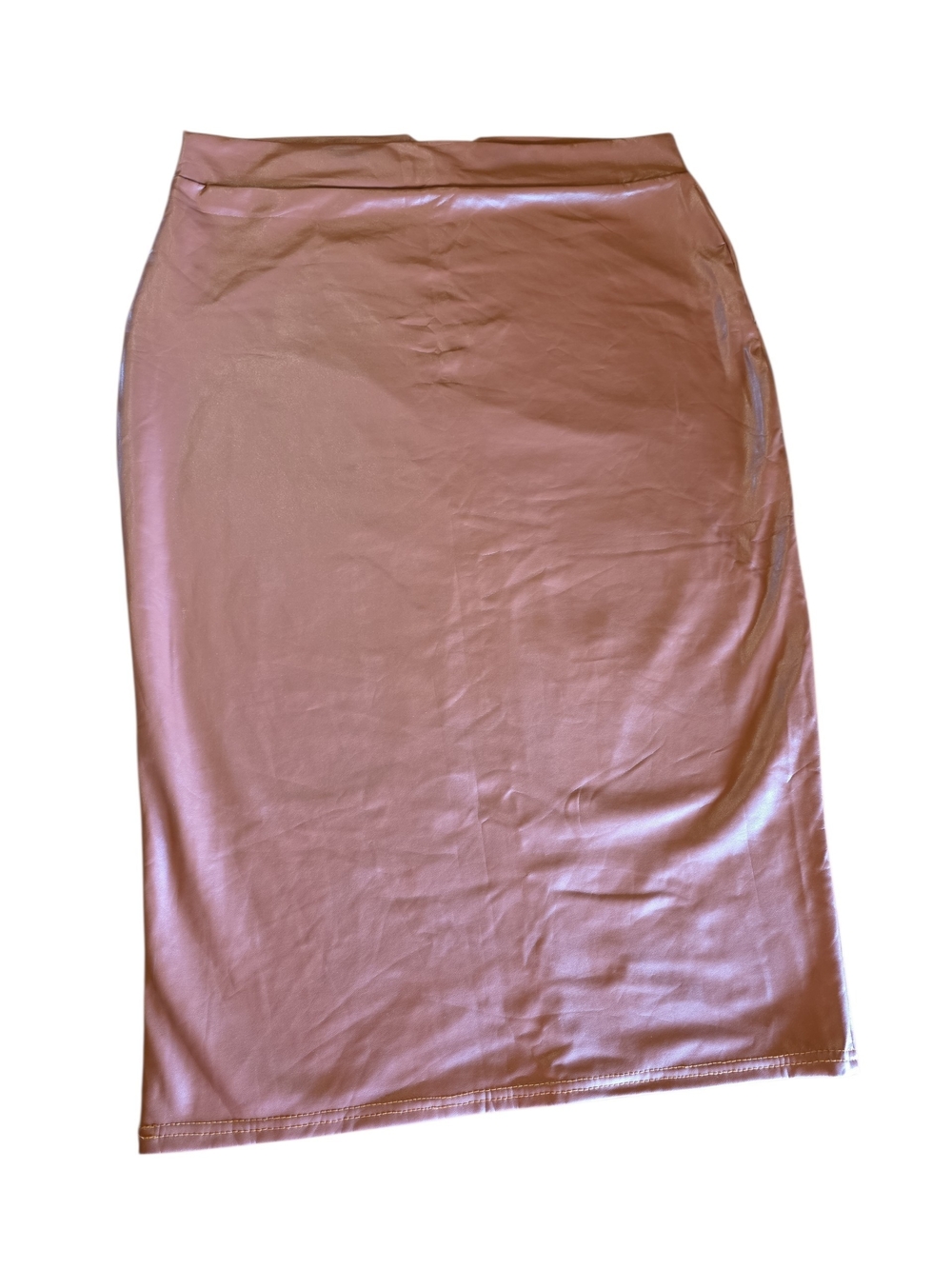 Cognac Brown Stretchy Leather Look Body Con Midi Pencil Skirt